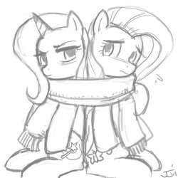Size: 900x900 | Tagged: safe, artist:johnjoseco, character:fluttershy, character:trixie, ship:trixieshy, clothing, female, grayscale, lesbian, monochrome, scarf, shared clothing, shared scarf, shipping