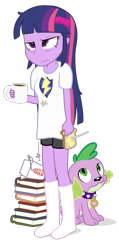 Size: 480x1008 | Tagged: safe, artist:dm29, character:flash sentry, character:spike, character:twilight sparkle, character:twilight sparkle (alicorn), species:alicorn, species:dog, my little pony:equestria girls, bed hair, bloodshot eyes, book, bow, butter, chinese food, clothing, coffee, coffee mug, dishevelled, duo, fork, frown, hangover, implied flashlight, messy hair, mug, shirt, simple background, socks, spike the dog, tired, toast, transparent background, unamused, vector
