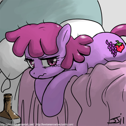 Size: 900x900 | Tagged: safe, artist:johnjoseco, character:berry punch, character:berryshine, species:earth pony, species:pony, g4, adobe imageready, bed, female, hangover, liquor, mare, messy mane, morning ponies, pillow, solo