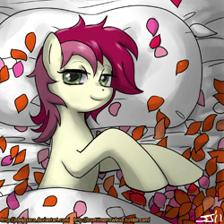 Size: 900x900 | Tagged: safe, artist:johnjoseco, character:roseluck, species:earth pony, species:pony, g4, adobe imageready, bed, female, looking at you, mare, morning ponies, pillow, rose, rose petals, smiling, solo