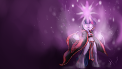Size: 1920x1080 | Tagged: safe, artist:atryl, character:twilight sparkle, species:anthro, species:unguligrade anthro, bra, clothing, female, glowing eyes, loincloth, mage, robe, solo, underwear