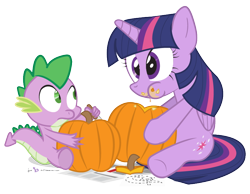Size: 810x630 | Tagged: safe, artist:dm29, character:spike, character:twilight sparkle, character:twilight sparkle (alicorn), species:alicorn, species:pony, cute, duo, eating, female, halloween, herbivore, holiday, horses doing horse things, mare, messy eating, nom, pumpkin, pumpkin carving, silly, silly pony, simple background, transparent background, twiabetes