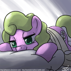 Size: 900x900 | Tagged: safe, artist:johnjoseco, character:daisy, species:earth pony, species:pony, g4, adobe imageready, female, looking at you, mare, morning ponies, pillow, smiling, solo