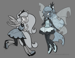 Size: 900x690 | Tagged: safe, artist:egophiliac, character:princess luna, oc, oc:imogen, species:changeling, moonstuck, my little pony:equestria girls, blue changeling, changeling oc, changeling queen, changeling queen oc, clothing, cute, dress, equestria girls-ified, female, filly, monochrome, ponied up, pony ears, sketch, winged humanization, woona