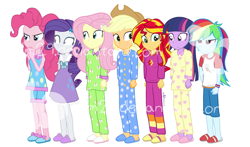 Size: 780x460 | Tagged: safe, artist:dm29, character:applejack, character:fluttershy, character:pinkie pie, character:rainbow dash, character:rarity, character:sunset shimmer, character:twilight sparkle, character:twilight sparkle (alicorn), species:alicorn, equestria girls:rainbow rocks, g4, my little pony: equestria girls, my little pony:equestria girls, clothing, humane seven, humane six, mane six, nightgown, pajamas, slippers, watermark