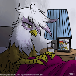 Size: 900x900 | Tagged: safe, artist:johnjoseco, character:gilda, character:rainbow dash, species:griffon, species:pegasus, species:pony, adobe imageready, bed, female, glass, morning ponies, pillow, solo