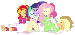 Size: 1675x800 | Tagged: safe, artist:dm29, character:applejack, character:fluttershy, character:pinkie pie, character:rainbow dash, character:rarity, character:sunset shimmer, character:twilight sparkle, character:twilight sparkle (alicorn), species:alicorn, my little pony:equestria girls, clothing, cuddling, disgruntled, footed sleeper, humane seven, humane six, mane six, notebook, pajamas, pillow, simple background, sleepover, slumber party, snuggling, transparent background