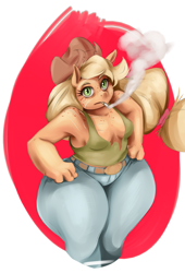 Size: 1509x2221 | Tagged: safe, artist:sundown, character:applejack, species:anthro, applebucking thighs, cigarette, cleavage, female, freckles, scar, simple background, smoking, wide hips