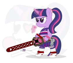 Size: 875x750 | Tagged: safe, artist:dm29, character:smarty pants, character:twilight sparkle, chainsaw, female, juliet starling, lollipop chainsaw, semi-anthro, simple background, solo, suda51, transparent background