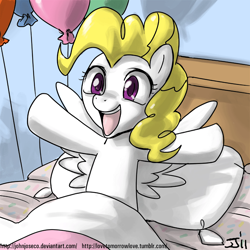 Size: 900x900 | Tagged: safe, artist:johnjoseco, character:surprise, species:pegasus, species:pony, g1, adobe imageready, balloon, bed, female, g1 to g4, generation leap, mare, morning ponies, pillow, smiling, solo, spread wings, wings