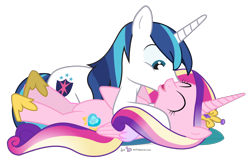 Size: 1050x675 | Tagged: safe, artist:dm29, character:princess cadance, character:shining armor, ship:shiningcadance, cuddling, cute, eyes closed, female, glomp, julian yeo is trying to murder us, kisses, laughing, male, on back, open mouth, prone, shipping, simple background, smiling, snuggling, straight, transparent background