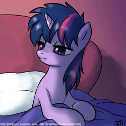 Size: 900x900 | Tagged: safe, artist:johnjoseco, character:twilight sparkle, character:twilight sparkle (unicorn), species:pony, species:unicorn, g4, adobe imageready, bed, blanket, female, lidded eyes, mare, morning ponies, pillow, smiling, solo