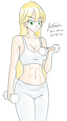 Size: 560x1000 | Tagged: safe, artist:jonfawkes, character:applejack, species:human, 30 minute art challenge, abs, belly button, clothing, humanized, midriff, muscles, sports bra, tights, weight lifting, weights