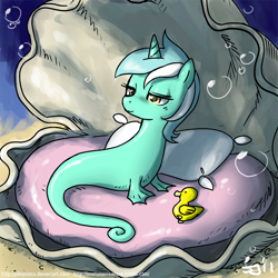 Size: 900x900 | Tagged: safe, artist:johnjoseco, character:lyra heartstrings, species:sea pony, g4, 2011, adobe imageready, artifact, background pony, female, morning ponies, pillow, seapony lyra, shell, solo