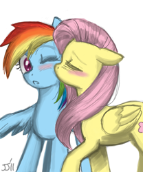 Size: 700x840 | Tagged: safe, artist:johnjoseco, character:fluttershy, character:rainbow dash, ship:flutterdash, colored, female, kissing, lesbian, shipping