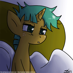 Size: 900x900 | Tagged: safe, artist:johnjoseco, character:snails, species:pony, species:unicorn, g4, adobe imageready, bed, colt, cute, diasnails, male, morning ponies, pillow, solo