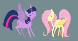Size: 800x425 | Tagged: safe, artist:egophiliac, character:fluttershy, character:twilight sparkle, character:twilight sparkle (alicorn), species:alicorn, species:pony, female, height difference, mare