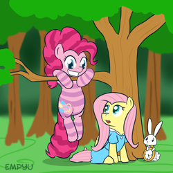 Size: 1000x1000 | Tagged: safe, artist:empyu, character:angel bunny, character:fluttershy, character:pinkie pie, alice in wonderland, cheshire cat, parody