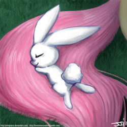 Size: 900x900 | Tagged: safe, artist:johnjoseco, character:angel bunny, character:fluttershy, species:pegasus, species:pony, g4, adobe imageready, angelbetes, cute, female, mare, morning ponies, prone, sleeping, smiling, tail pillow