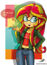 Size: 881x1212 | Tagged: safe, artist:the-butch-x, character:sunset shimmer, my little pony:equestria girls, adorkable, belly button, blushing, clothing, cute, dork, female, glasses, hipster, looking at you, midriff, open mouth, pants, shimmerbetes, shorts, signature, smiling, solo, thought bubble