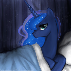 Size: 900x900 | Tagged: safe, artist:johnjoseco, character:princess luna, species:alicorn, species:pony, g4, adobe imageready, bed, female, mare, morning ponies, pillow, solo
