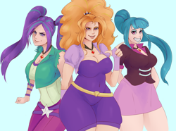 Size: 2186x1629 | Tagged: safe, artist:sundown, character:adagio dazzle, character:aria blaze, character:sonata dusk, species:human, equestria girls:rainbow rocks, g4, my little pony: equestria girls, my little pony:equestria girls, breasts, busty adagio dazzle, busty aria blaze, busty sonata dusk, cleavage, curvy, female, grin, human coloration, humanized, lipstick, looking at you, pointing, smiling, stupid sexy adagio dazzle, stupid sexy aria blaze, stupid sexy sonata dusk, the dazzlings, thunder thighs, wide hips