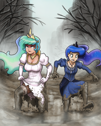 Size: 1202x1500 | Tagged: source needed, useless source url, safe, artist:johnjoseco, artist:king-kakapo, character:princess celestia, character:princess luna, species:human, clothing, dress, female, fog, humanized, jewelry, mud, regalia, stockings, thigh highs, torn clothes, tree