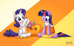 Size: 2560x1600 | Tagged: safe, artist:mysticalpha, character:rarity, character:twilight sparkle, candy corn, clothing, costume, halloween, holiday, jack-o-lantern, pumpkin, thread, wallpaper