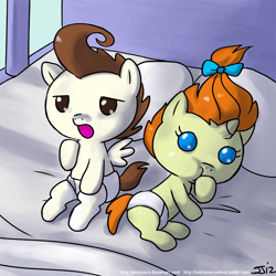 Size: 900x900 | Tagged: safe, artist:johnjoseco, character:pound cake, character:pumpkin cake, species:pegasus, species:pony, species:unicorn, g4, adobe imageready, baby, baby pony, cake twins, duo, female, male, morning ponies, pillow, siblings, spread wings, twins, wings