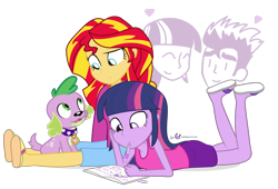 Size: 1100x750 | Tagged: safe, artist:dm29, character:flash sentry, character:spike, character:sunset shimmer, character:twilight sparkle, character:twilight sparkle (alicorn), species:alicorn, species:dog, my little pony:equestria girls, book, clothing, diary, doodle, feet, flip-flops, heart, pen, sandals, simple background, slippers, spike the dog, transparent background, trio