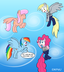 Size: 886x1000 | Tagged: safe, artist:empyu, character:derpy hooves, character:pinkie pie, character:rainbow dash, species:pegasus, species:pony, female, flying, in which pinkie pie forgets how to gravity, mare, mime, pantomime, pinkie being pinkie, pinkie physics