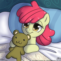 Size: 900x900 | Tagged: safe, artist:johnjoseco, character:apple bloom, species:earth pony, species:pony, g4, :3, adobe imageready, adorabloom, bed, cute, female, filly, lidded eyes, looking at you, missing accessory, morning ponies, on back, pillow, sleepy, smiling, solo, teddy bear, tired