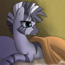 Size: 900x900 | Tagged: safe, artist:johnjoseco, character:zecora, species:pony, species:zebra, g4, adobe imageready, bed, female, mare, morning ponies, pillow, solo, waking up