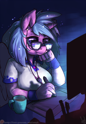 Size: 840x1200 | Tagged: safe, artist:atryl, oc, oc only, oc:artshine, species:alicorn, species:anthro, g4, alicorn oc, coffee, computer, drawing, female, glasses, mare, music, solo, tablet