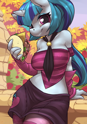 Size: 1050x1500 | Tagged: safe, artist:atryl, character:sonata dusk, species:anthro, equestria girls:rainbow rocks, g4, my little pony: equestria girls, my little pony:equestria girls, breasts, busty sonata dusk, equestria girls ponified, female, looking at you, necktie, ponified, smiling, solo, sonataco, taco
