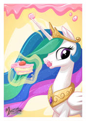 Size: 955x1351 | Tagged: safe, artist:mysticalpha, character:princess celestia, species:alicorn, species:pony, cake, cakelestia, cute, cutelestia, female, levitation, licking lips, looking at you, magic, mare, messy, messy eating, nom, solo, that princess sure does love cake