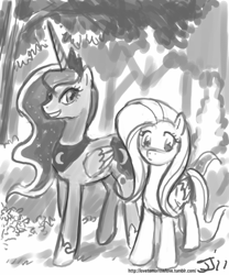 Size: 667x800 | Tagged: safe, artist:johnjoseco, character:fluttershy, character:princess luna, species:alicorn, species:pegasus, species:pony, duo, grayscale, monochrome