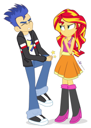 Size: 850x1200 | Tagged: safe, artist:dm29, character:flash sentry, character:sunset shimmer, equestria girls:rainbow rocks, g4, my little pony: equestria girls, my little pony:equestria girls, agony, clothing, duo, fist, flashabuse, kick to the knee, simple background, skirt, tank top, transparent background, wince