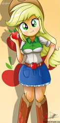 Size: 645x1321 | Tagged: safe, alternate version, artist:the-butch-x, part of a set, character:applejack, my little pony:equestria girls, apple, beautiful, beautiful x, cute, cutie mark, cutie mark on equestria girl, eating, explicit source, female, hand on hip, jackabetes, nail polish, solo