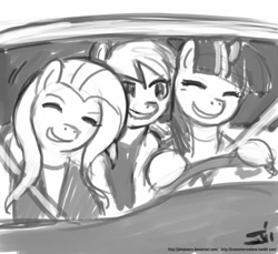 Size: 800x733 | Tagged: safe, artist:johnjoseco, character:fluttershy, character:rainbow dash, character:twilight sparkle, car, crossover, grayscale, monochrome, night at the roxbury, parody, what is love
