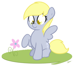 Size: 934x834 | Tagged: safe, artist:egophiliac, character:derpy hooves, species:pegasus, species:pony, g4, bee, cute, derpabetes, female, flower, mare, simple background, solo, spread wings, transparent background, wings