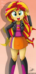 Size: 645x1321 | Tagged: safe, artist:the-butch-x, part of a set, character:sunset shimmer, equestria girls:rainbow rocks, g4, my little pony: equestria girls, my little pony:equestria girls, beautiful, beautiful x, breasts, clothing, cute, cutie mark, cutie mark on equestria girl, explicit source, female, hand on hip, peace sign, shimmerbetes, skirt