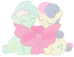 Size: 957x736 | Tagged: safe, artist:egophiliac, character:bon bon, character:lyra heartstrings, character:sweetie drops, species:earth pony, species:pony, species:unicorn, g4, bow, female, mare, ribbon, simple background, smiling, transparent background
