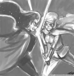 Size: 833x862 | Tagged: safe, artist:johnjoseco, character:nightmare moon, character:princess celestia, character:princess luna, species:human, crossover, fight, grayscale, humanized, lightsaber, monochrome, star wars