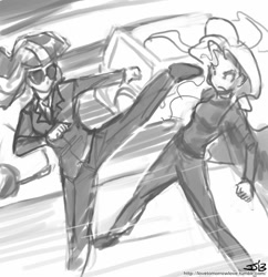 Size: 833x862 | Tagged: safe, artist:johnjoseco, character:sunset shimmer, character:twilight sparkle, species:human, clothing, crossover, fight, grayscale, humanized, monochrome, suit, sunglasses, the matrix, traffic