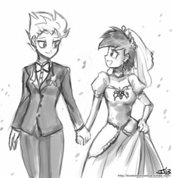 Size: 833x862 | Tagged: safe, artist:johnjoseco, character:rainbow dash, character:spitfire, species:human, ship:spitdash, clothing, dress, female, grayscale, humanized, lesbian, looking at each other, monochrome, shipping, signature, traditional art, tuxedo, wedding, wedding dress