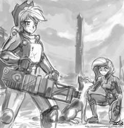 Size: 833x862 | Tagged: safe, artist:johnjoseco, character:applejack, character:fluttershy, species:dog, species:human, armor, bfg, brotherhood of steel, crossover, dogmeat, fallout, fallout 3, fallout 4, gatling laser, grayscale, humanized, monochrome, power armor, powered exoskeleton, recon armor, t-45d, washington monument