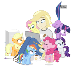 Size: 1140x1020 | Tagged: safe, artist:dm29, character:applejack, character:fluttershy, character:pinkie pie, character:rainbow dash, character:rarity, character:twilight sparkle, oc, oc:colin nary, species:earth pony, species:human, species:pegasus, species:pony, species:unicorn, coffee mug, computer, cross-eyed, cursor, cute, female, filly, filly applejack, filly fluttershy, filly pinkie pie, filly rainbow dash, filly rarity, filly twilight sparkle, frown, human ponidox, julian yeo is trying to murder us, laptop computer, mane six, milestone, open mouth, party horn, ponidox, puffy cheeks, simple background, sitting, smiling, suspended, tail pull, transparent background, wide eyes, younger