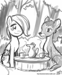 Size: 833x1000 | Tagged: safe, artist:johnjoseco, character:fluttershy, species:deer, species:pegasus, species:pony, bambi, crossover, disney, filly, grayscale, monochrome, tea party