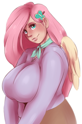 Size: 789x1181 | Tagged: safe, artist:sundown, character:fluttershy, species:human, big breasts, blushing, breasts, busty fluttershy, clothing, female, huge breasts, humanized, looking at you, plump, scar, solo, sweatershy, winged humanization
